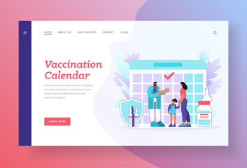Vaccination calendar banner template. Mother with daughter visiting doctor for vaccination