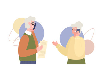 Old people speaking on mobile phone. Pensioners a man and a woman talk via smartphone with each to each, family or friends. Flat cartoon vector illustration isolated on white.