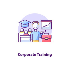 Corporate training creative UI concept icon. Group training of colleagues. Online lessons. Business presentation abstract illustration. Isolated vector art for UX. Color graphic design element