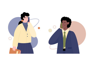 Business people talking smartphones, cartoon vector illustration isolated on white background. Man and woman communicating using mobile phones connection.