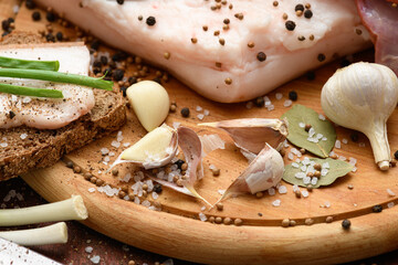 raw pork meat and lard with salt, spices and garlic on a cutting board, dark wooden background