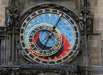 Astronomical clock (Staroměstský orloj) in the Old Town Square, Prague, Czech Republic. Close-up. Architecture and landmark of Prague.