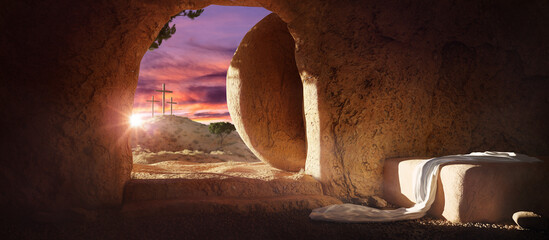 Crucifixion and Resurrection. Empty tomb of Jesus with crosses in the background. Easter or...