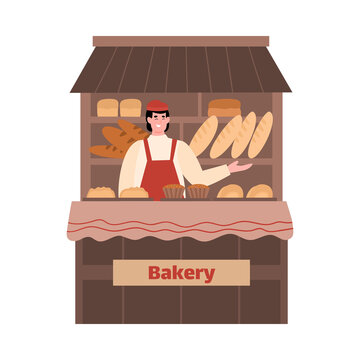 Sellerman of street bakery shop standing behind counter, cartoon vector illustration isolated on white background. Sale and manufacture of bread bakery products.