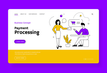 Female client giving credit card to shop manager. Banner template