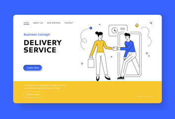 Woman paying for online order to courier. Banner template