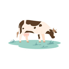 Breeding cow, milk animal grazing in a meadow. Agricultural farm on breed cattle and production of dairy products. Flat cartoon vector illustration isolated on a white.