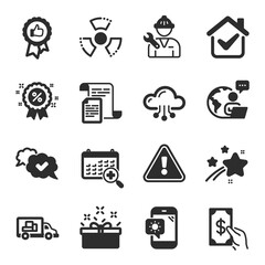 Set of Business icons, such as Discount, Repairman, Documents symbols. Present box, Approved, Cloud computing signs. Chemical hazard, Truck transport, Positive feedback. Medical calendar. Vector