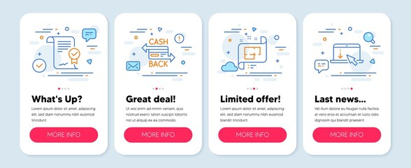 Set of Technology icons, such as Architectural plan, Cashback card, Approved agreement symbols. Mobile app mockup banners. Scroll down line icons. Vector