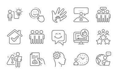 Social responsibility, Engineering and Business idea line icons set. Time management, Smile and Technical documentation signs. Interview job, Friendship and Smile face symbols. Line icons set. Vector