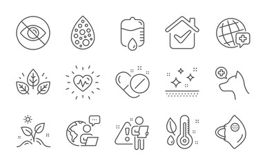 Drop counter, World medicine and Grow plant line icons set. Medical mask, Thermometer and Clean skin signs. Medical pills, Veterinary clinic and Not looking symbols. Line icons set. Vector