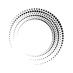 Circular dot frame. Circle border with effect halftone. Modern faded ring. Semitone shape round. Point sphere boarder. Dotted geometric pattern. Graphic small dots element for design prints. Vector