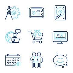 Technology icons set. Included icon as Calendar graph, Online video, Cogwheel dividers signs. Smile chat, Safe box, Cross sell symbols. Survey, Hdd line icons. Annual report, Video exam. Vector