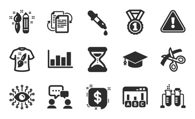 Best rank, Bureaucracy and Chemistry pipette icons simple set. Chemistry beaker, T-shirt design and Artificial intelligence signs. Creativity, People chatting and Survey results symbols. Vector