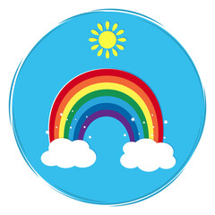 Round multicolored rainbow icon, shining stars, sun and clouds on a blue sky background. Vector illustration, cartoon style