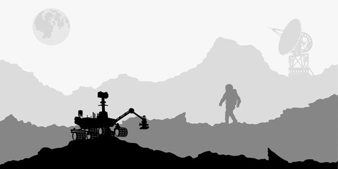 Fototapeta na wymiar Space landscape. Mars scene with astronaut, rover and antenna. Silhouette panorama. Martian colonization