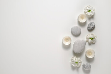 Composition with symbolic objects for spa salon. Stone therapy attributes for cosmetic procedures....