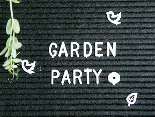 Letter board with text Garden party. Planting seeds in Biodegradable paper eco-friendly seed pots....