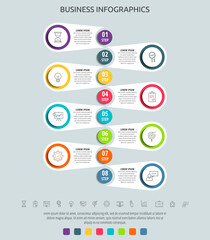 Business vector infographic circles for eight label, diagram, graph, presentations. Concept with 8 options used with content, flowchart, steps, timeline, workflow, marketing.