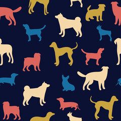 Doggie seamless pattern. Endless vector illustration with different breeds of dogs. Bright background for wallpaper, wrapping paper, surface design