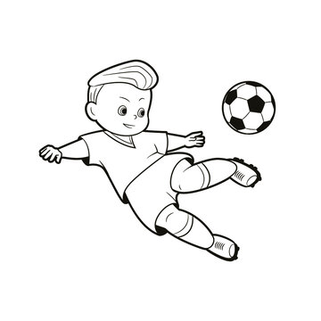 Black and white line art, teen soccer player jumping, kicking soccer ball, vector illustration, cartoon style coloring book