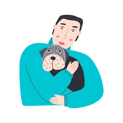 Vector flat illustration with the young man hugging his dog. Portrait of a boy and his puppy on a white background