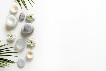 Composition with symbolic objects for spa salon. Stone therapy attributes for cosmetic procedures....