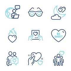 Love icons set. Included icon as Be sweet, Love mail, Dating chat signs. Love glasses, Heart flame, Friendship symbols. Hold heart line icons. Valentine letter, Spectacles with hearts. Vector