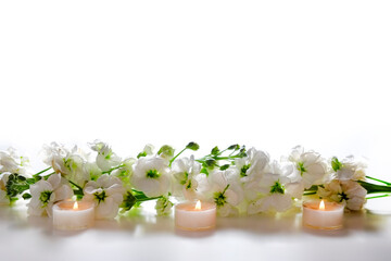 Composition with symbolic objects for spa salon. Stone therapy attributes for cosmetic procedures. Conceptual image, rocks and flowers representing balance. Close up, copy space, top view, background.
