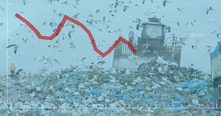 Red graph moving over grid network against bulldozer working on landfill with birds in the sky - Powered by Adobe