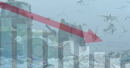 Red graph moving over statistical data processing against bulldozer working on landfill - Powered by Adobe