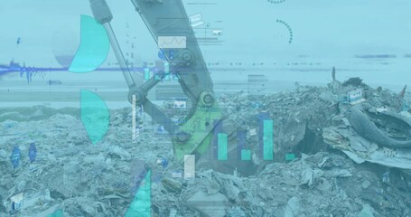 Digital composite video of financial data processing against bulldozer working on landfill - Powered by Adobe