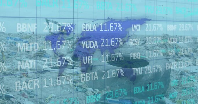 Digital composite video of stock market data processing over world map against landfill