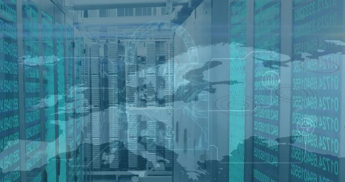 Security padlock icon and binary coding data processing against empty server room