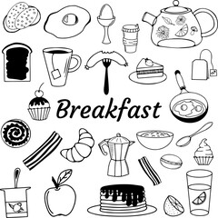 Vector doodle illustration Breakfast, tea, eggs, cake, pancakes, jogurt