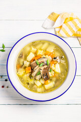 Country living simple food,  fish soup in a bowl on wooden background. Space for text, top view.