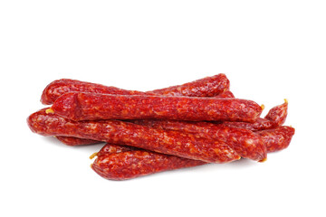 Few long sticks sousages isolated in a white background