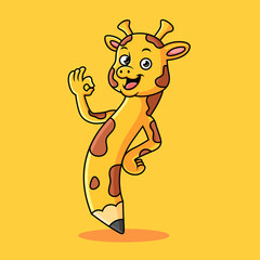 Illustration of Creative Giraffe Cartoon. Animal Vector Icon Illustration, Isolated on Yellow Background