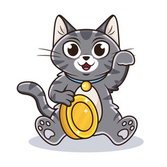 Cute Cat with Coin Cartoon. Animal Vector Illustration, Isolated on White Background