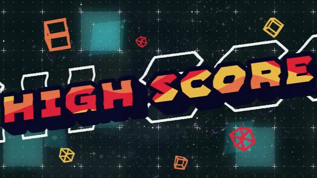 Digital animation of retro style high score text and abstract shapes against grid network - Powered by Adobe