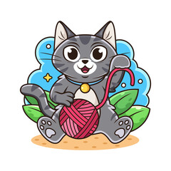 Cat Play Ball of Yarn Cartoon. Animal Vector Illustration, Isolated on White Background