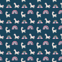 Obraz premium Cute unicorn and rainbow, clouds, stars seamless pattern