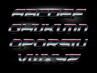 Obraz premium Modern italic bold font with metallic texture, carbon or chrome metal, polished matte steel. Alphabet for race, sport, auto, futuristic design. Vector typography.