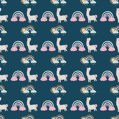 Cute unicorn and rainbow, clouds, stars seamless pattern
