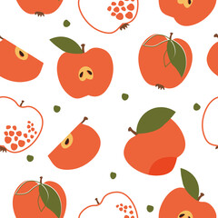 Seamless pattern with apples, slices, leaves. An ornament with bright summer fruits for prints, wallpaper, packaging, textiles. Vector graphics.