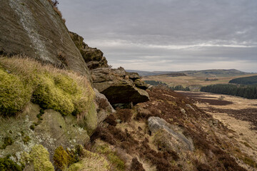 Bleak winter panoramic view of Baldstone, and Gib Torr in the Peak District National Park.