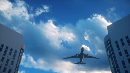 Fototapeta na wymiar Airplane flies over skyscrapers against a beautiful blue clouds, 3d illustration