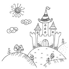 Hand-drawing illustration of a fairytale castle. Outline palace for coloring book. Doodle style