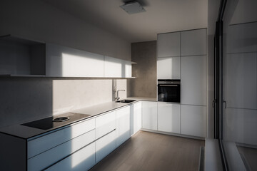 Minimalist kitchen in city apartment during early morning. There are modern appliances and premium materials such as wood,glass,concrete and stainless steel.On right is balcony window with reflection.
