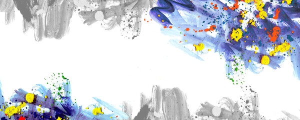 Abstract banner modern art background in minimalizm style with yellow spot, red drops and blue brush splashes.